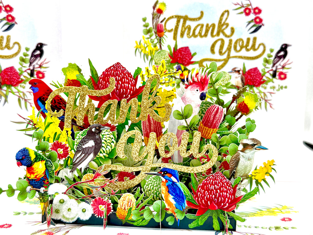 Thank You - Australian Native Garden & Birds 3D POP UP GREETING CARD - Created by Origami Pop Cards – 3D Pop Up Greeting Cards, Australian Design & Handmade, Thank you Cards, 3D Pop Up Magical Paper Cards, Handmade Pop Up Cards for Any Occasion