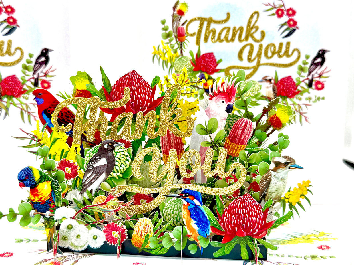 Thank You - Australian Native Garden & Birds 3D POP UP GREETING CARD - Created by Origami Pop Cards – 3D Pop Up Greeting Cards, Australian Design & Handmade, Thank you Cards, 3D Pop Up Magical Paper Cards, Handmade Pop Up Cards for Any Occasion