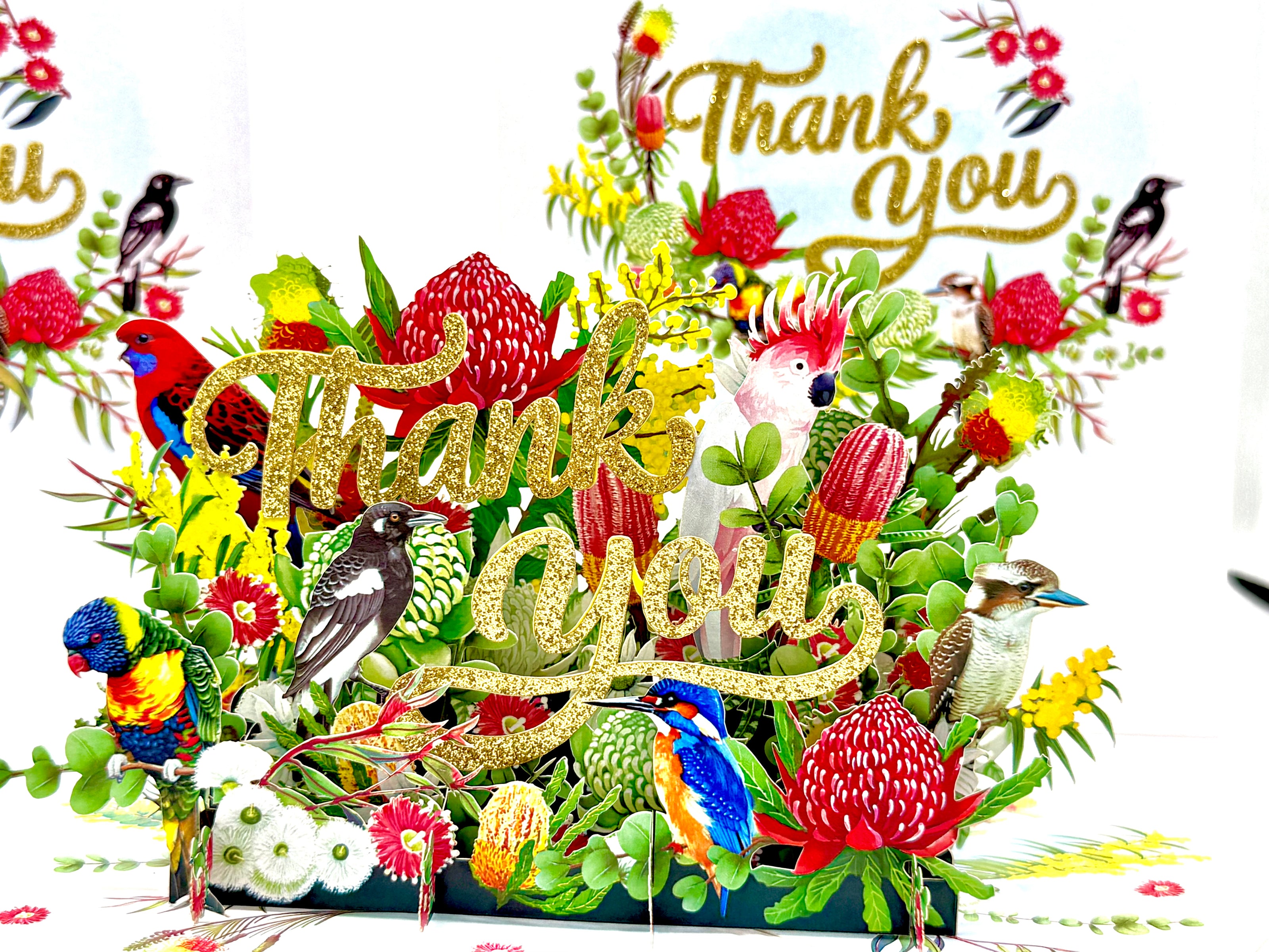 Thank You - Australian Native Garden & Birds 3D POP UP GREETING CARD - Created by Origami Pop Cards – 3D Pop Up Greeting Cards, Australian Design & Handmade, Thank you Cards, 3D Pop Up Magical Paper Cards, Handmade Pop Up Cards for Any Occasion