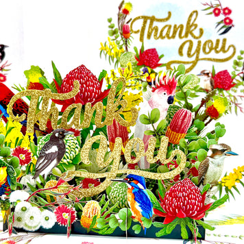 Thank You - Australian Native Garden & Birds 3D POP UP GREETING CARD - Created by Origami Pop Cards – 3D Pop Up Greeting Cards, Australian Design & Handmade, Thank you Cards, 3D Pop Up Magical Paper Cards, Handmade Pop Up Cards for Any Occasion