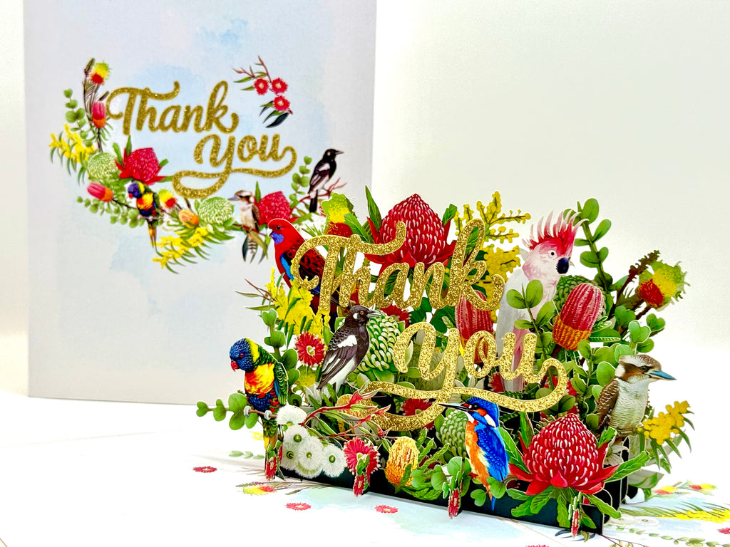 Thank You - Australian Native Garden & Birds 3D POP UP GREETING CARD - Created by Origami Pop Cards – 3D Pop Up Greeting Cards, Australian Design & Handmade, Thank you Cards, 3D Pop Up Magical Paper Cards, Handmade Pop Up Cards for Any Occasion