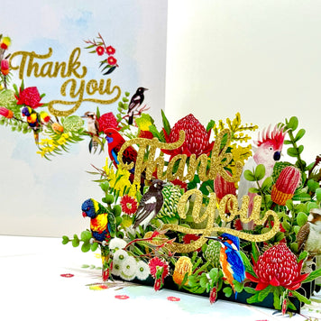 Thank You - Australian Native Garden & Birds 3D POP UP GREETING CARD - Created by Origami Pop Cards – 3D Pop Up Greeting Cards, Australian Design & Handmade, Thank you Cards, 3D Pop Up Magical Paper Cards, Handmade Pop Up Cards for Any Occasion