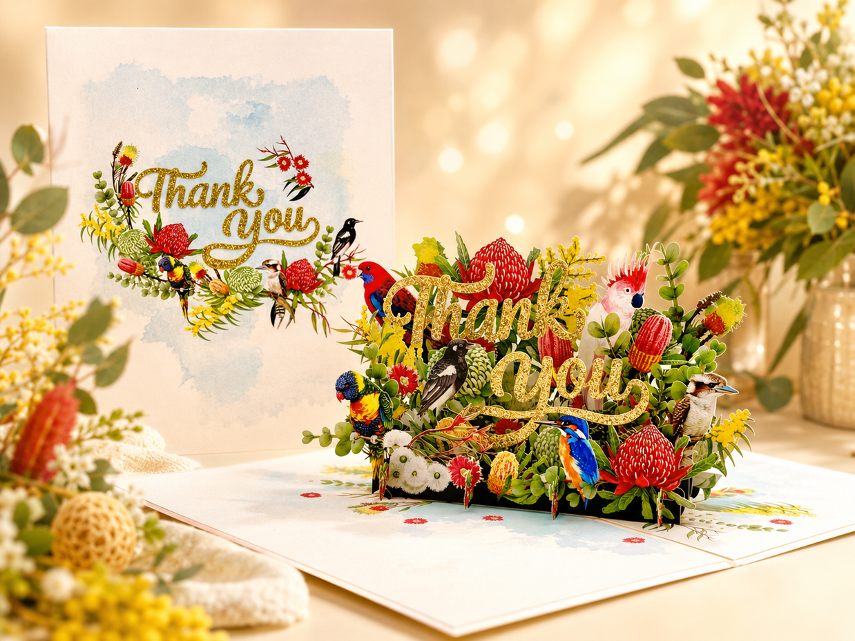 Thank You - Australian Native Garden & Birds 3D POP UP GREETING CARD - Created by Origami Pop Cards – 3D Pop Up Greeting Cards, Australian Design & Handmade, Thank you Cards, 3D Pop Up Magical Paper Cards, Handmade Pop Up Cards for Any Occasion
