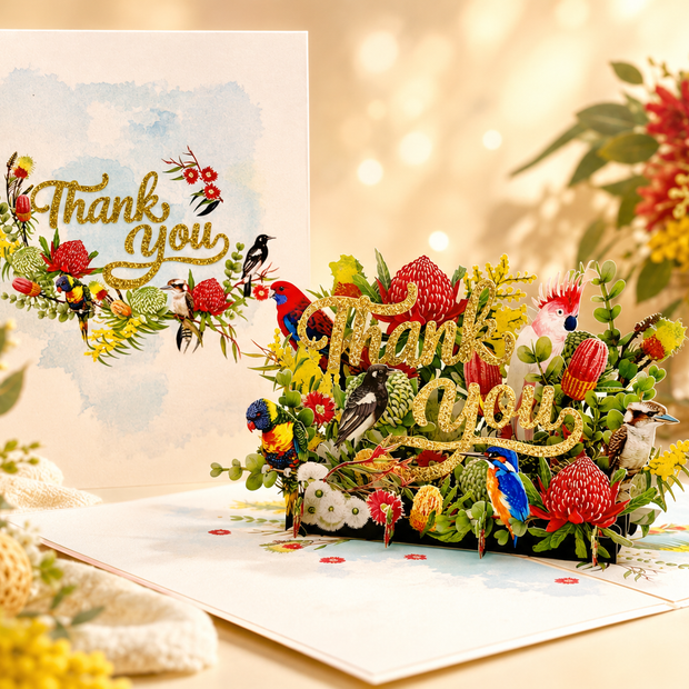 Thank You - Australian Native Garden & Birds 3D POP UP GREETING CARD - Created by Origami Pop Cards – 3D Pop Up Greeting Cards, Australian Design & Handmade, Thank you Cards, 3D Pop Up Magical Paper Cards, Handmade Pop Up Cards for Any Occasion