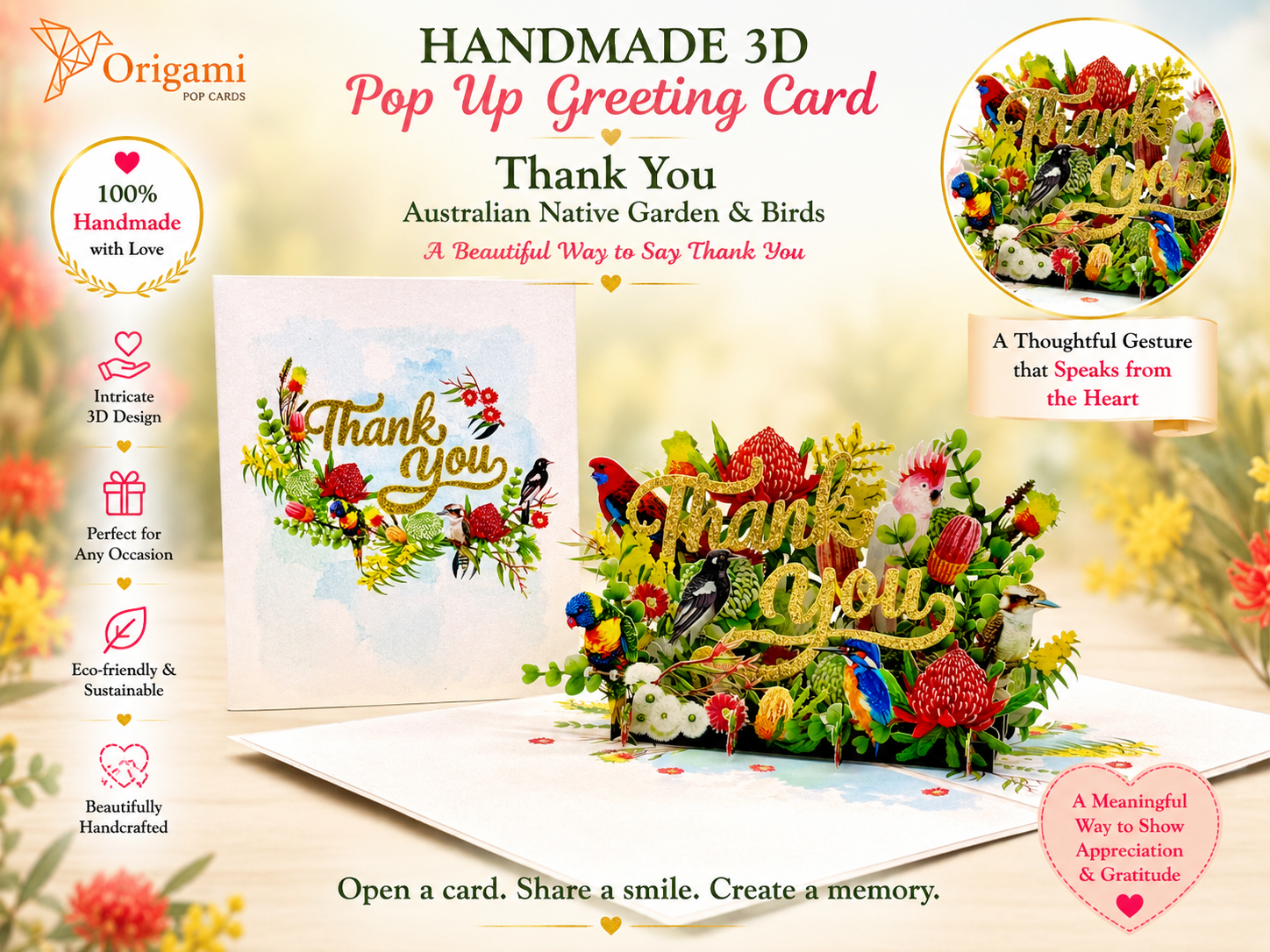 Thank You - Australian Native Garden & Birds 3D POP UP GREETING CARD - Created by Origami Pop Cards – 3D Pop Up Greeting Cards, Australian Design & Handmade, Thank you Cards, 3D Pop Up Magical Paper Cards, Handmade Pop Up Cards for Any Occasion