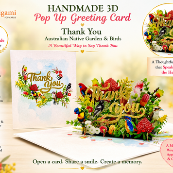 Thank You - Australian Native Garden & Birds 3D POP UP GREETING CARD - Created by Origami Pop Cards – 3D Pop Up Greeting Cards, Australian Design & Handmade, Thank you Cards, 3D Pop Up Magical Paper Cards, Handmade Pop Up Cards for Any Occasion