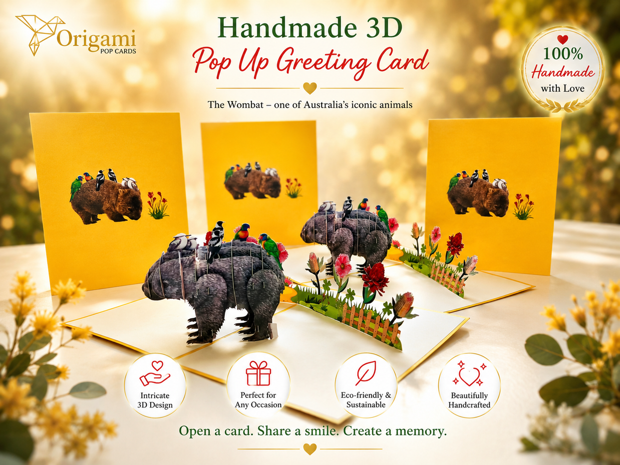 The Wombat - one of Australia's iconic animals Origami Pop Cards 3D Pop Up Greeting Card Happy Birthday Thank You Handmade Gift Thinking of You Blank Card for Any Occasion Happy Mother's Day Happy Father's Animals Donation to WWF-Australia
