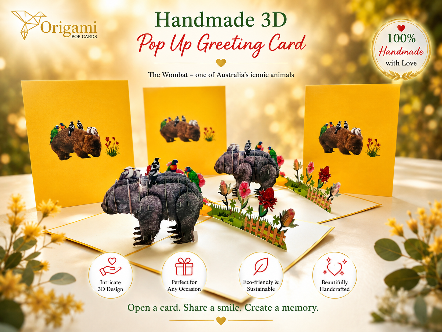 The Wombat - one of Australia's iconic animals Origami Pop Cards 3D Pop Up Greeting Card Happy Birthday Thank You Handmade Gift Thinking of You Blank Card for Any Occasion Happy Mother's Day Happy Father's Animals Donation to WWF-Australia