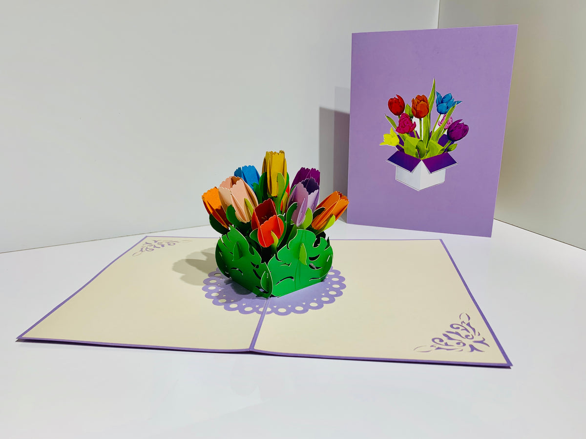 Colourful Tulips in a Sweet Posy Box - Origami Pop Cards 3D Pop Up Greeting Card Happy Birthday Thank You Handmade Gift Thinking of You Blank Card for Any Occasion Happy Mother's Day Australiana Celebrate the Beauty