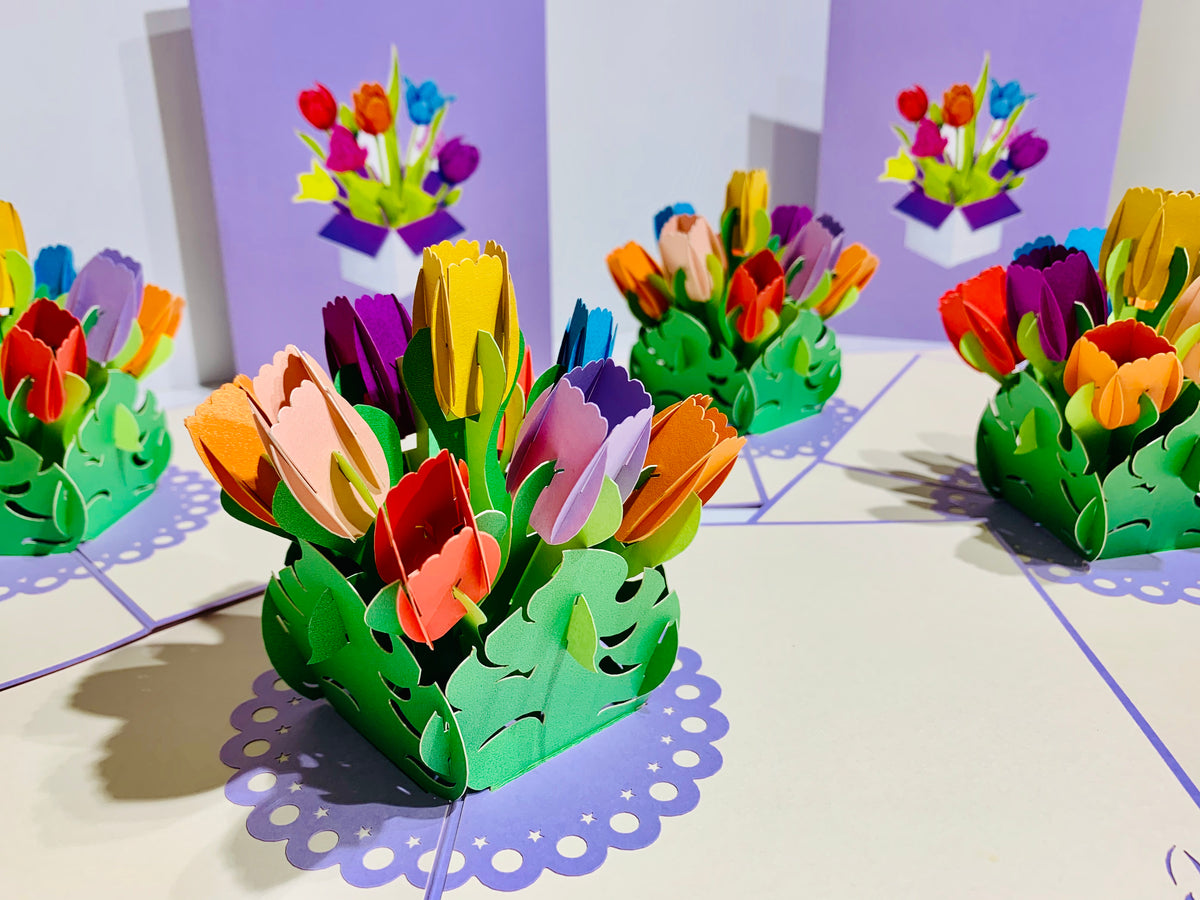 Colourful Tulips in a Sweet Posy Box - Origami Pop Cards 3D Pop Up Greeting Card Happy Birthday Thank You Handmade Gift Thinking of You Blank Card for Any Occasion Happy Mother's Day Australiana Celebrate the Beauty