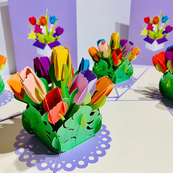 Colourful Tulips in a Sweet Posy Box - Origami Pop Cards 3D Pop Up Greeting Card Happy Birthday Thank You Handmade Gift Thinking of You Blank Card for Any Occasion Happy Mother's Day Australiana Celebrate the Beauty