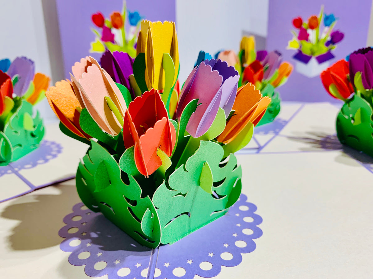 Colourful Tulips in a Sweet Posy Box - Origami Pop Cards 3D Pop Up Greeting Card Happy Birthday Thank You Handmade Gift Thinking of You Blank Card for Any Occasion Happy Mother's Day Australiana Celebrate the Beauty