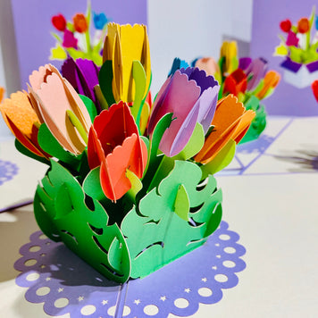 Colourful Tulips in a Sweet Posy Box - Origami Pop Cards 3D Pop Up Greeting Card Happy Birthday Thank You Handmade Gift Thinking of You Blank Card for Any Occasion Happy Mother's Day Australiana Celebrate the Beauty