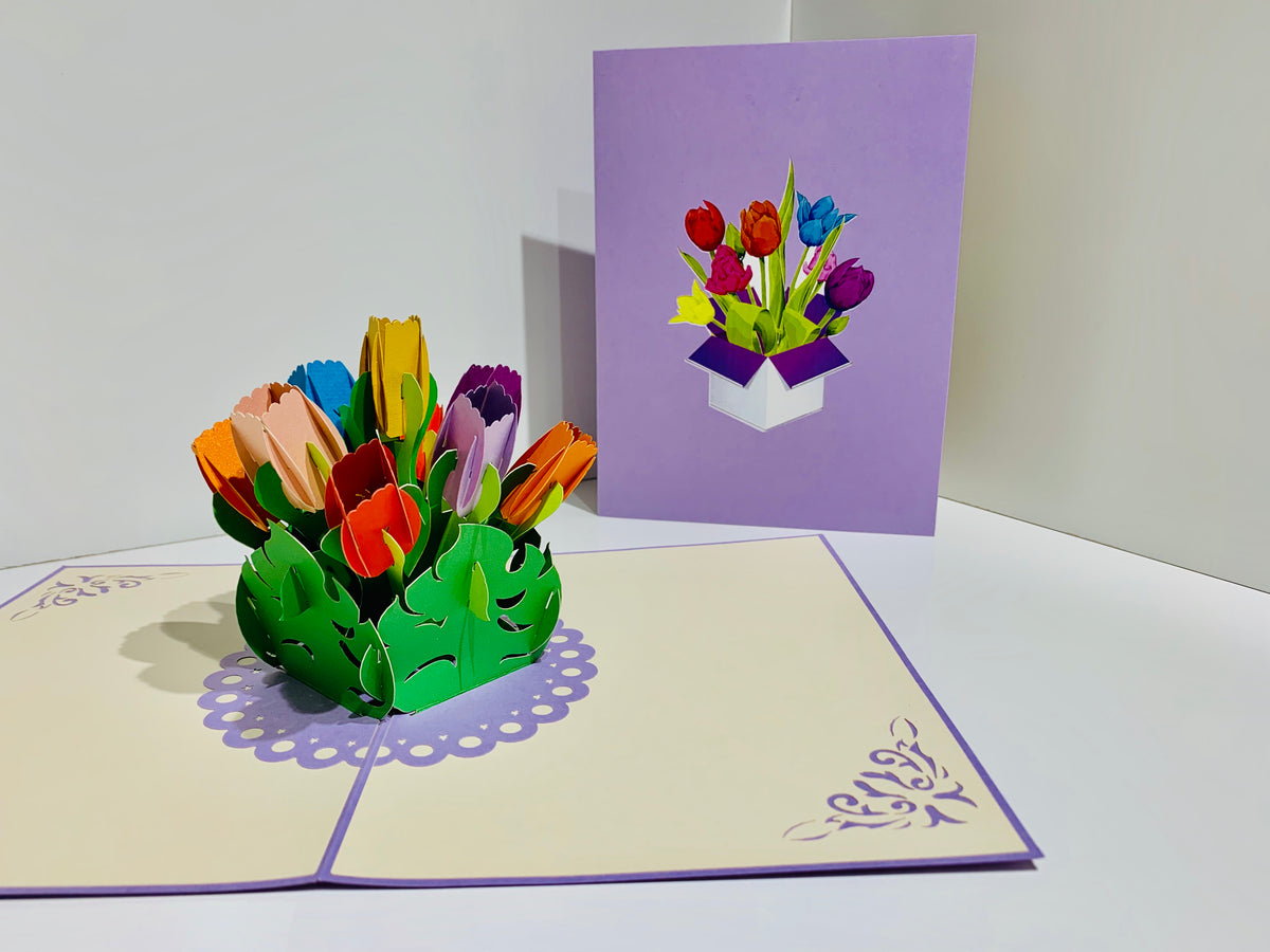 Colourful Tulips in a Sweet Posy Box - Origami Pop Cards 3D Pop Up Greeting Card Happy Birthday Thank You Handmade Gift Thinking of You Blank Card for Any Occasion Happy Mother's Day Australiana Celebrate the Beauty
