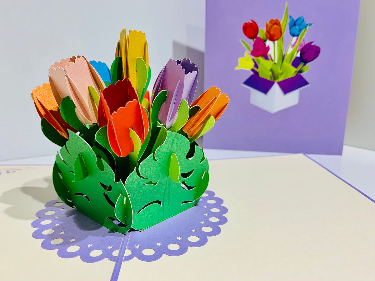 Colourful Tulips in a Sweet Posy Box - Origami Pop Cards 3D Pop Up Greeting Card Happy Birthday Thank You Handmade Gift Thinking of You Blank Card for Any Occasion Happy Mother's Day Australiana Celebrate the Beauty