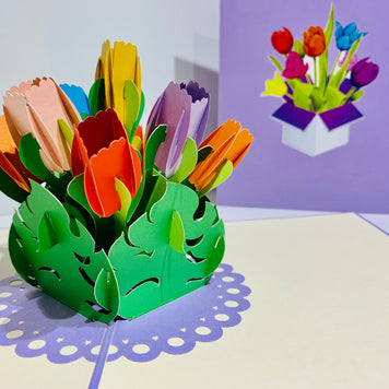 Colourful Tulips in a Sweet Posy Box - Origami Pop Cards 3D Pop Up Greeting Card Happy Birthday Thank You Handmade Gift Thinking of You Blank Card for Any Occasion Happy Mother's Day Australiana Celebrate the Beauty