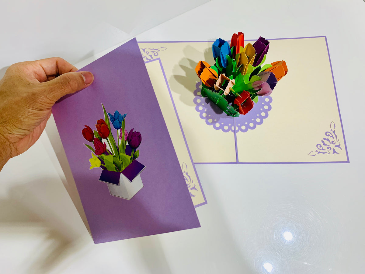 Colourful Tulips in a Sweet Posy Box - Origami Pop Cards 3D Pop Up Greeting Card Happy Birthday Thank You Handmade Gift Thinking of You Blank Card for Any Occasion Happy Mother's Day Australiana Celebrate the Beauty