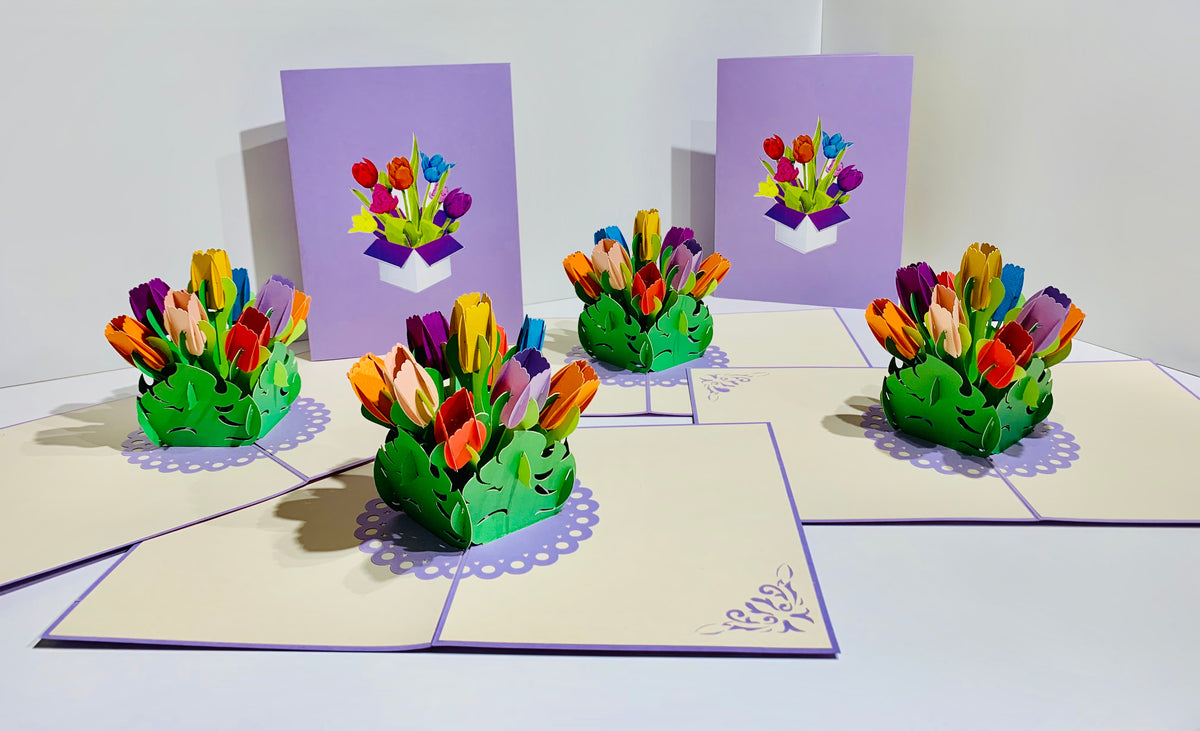 Colourful Tulips in a Sweet Posy Box - Origami Pop Cards 3D Pop Up Greeting Card Happy Birthday Thank You Handmade Gift Thinking of You Blank Card for Any Occasion Happy Mother's Day Australiana Celebrate the Beauty