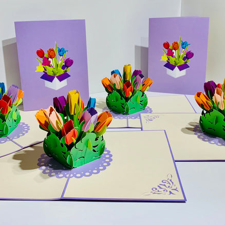 Colourful Tulips in a Sweet Posy Box - Origami Pop Cards 3D Pop Up Greeting Card Happy Birthday Thank You Handmade Gift Thinking of You Blank Card for Any Occasion Happy Mother's Day Australiana Celebrate the Beauty