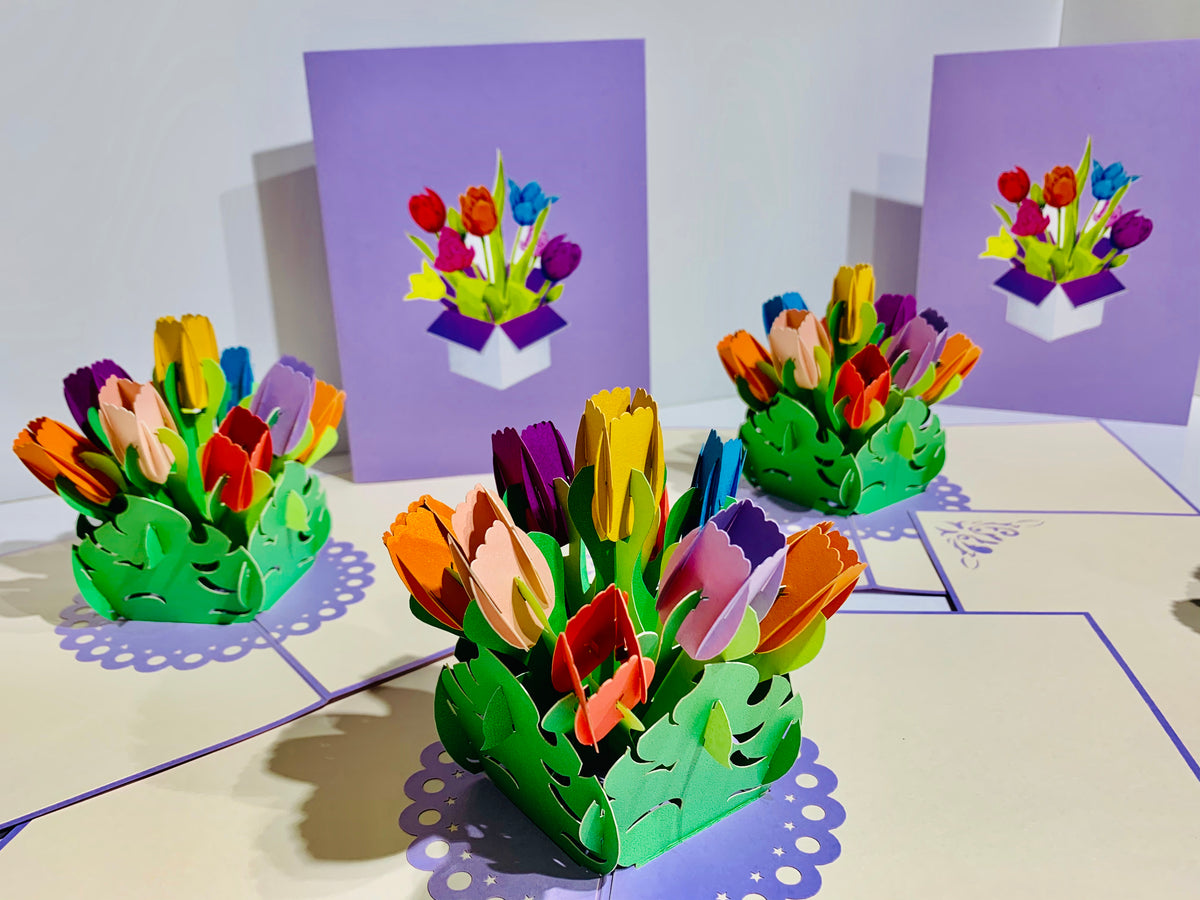 Colourful Tulips in a Sweet Posy Box - Origami Pop Cards 3D Pop Up Greeting Card Happy Birthday Thank You Handmade Gift Thinking of You Blank Card for Any Occasion Happy Mother's Day Australiana Celebrate the Beauty
