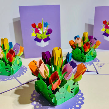 Colourful Tulips in a Sweet Posy Box - Origami Pop Cards 3D Pop Up Greeting Card Happy Birthday Thank You Handmade Gift Thinking of You Blank Card for Any Occasion Happy Mother's Day Australiana Celebrate the Beauty