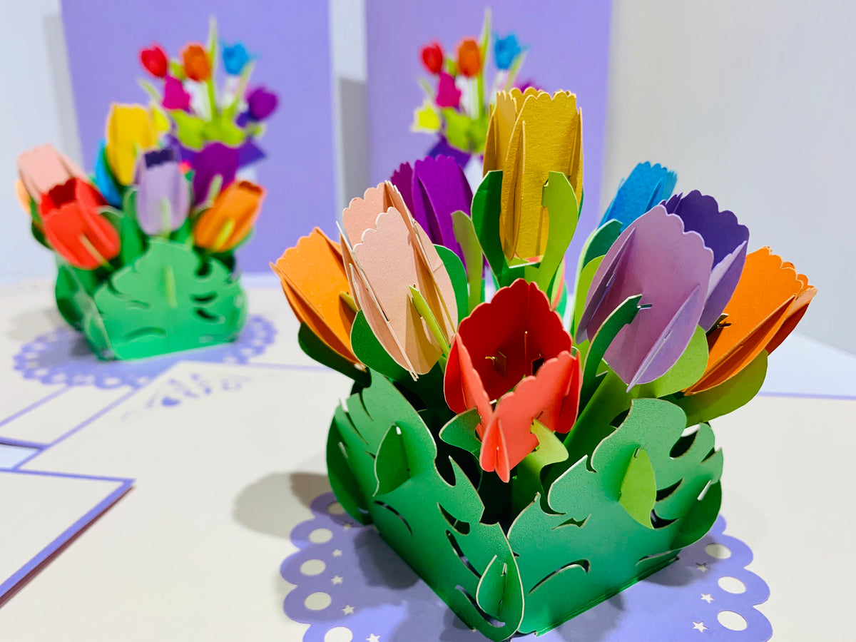 Colourful Tulips in a Sweet Posy Box - Origami Pop Cards 3D Pop Up Greeting Card Happy Birthday Thank You Handmade Gift Thinking of You Blank Card for Any Occasion Happy Mother's Day Australiana Celebrate the Beauty