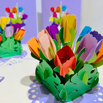 Colourful Tulips in a Sweet Posy Box - Origami Pop Cards 3D Pop Up Greeting Card Happy Birthday Thank You Handmade Gift Thinking of You Blank Card for Any Occasion Happy Mother's Day Australiana Celebrate the Beauty