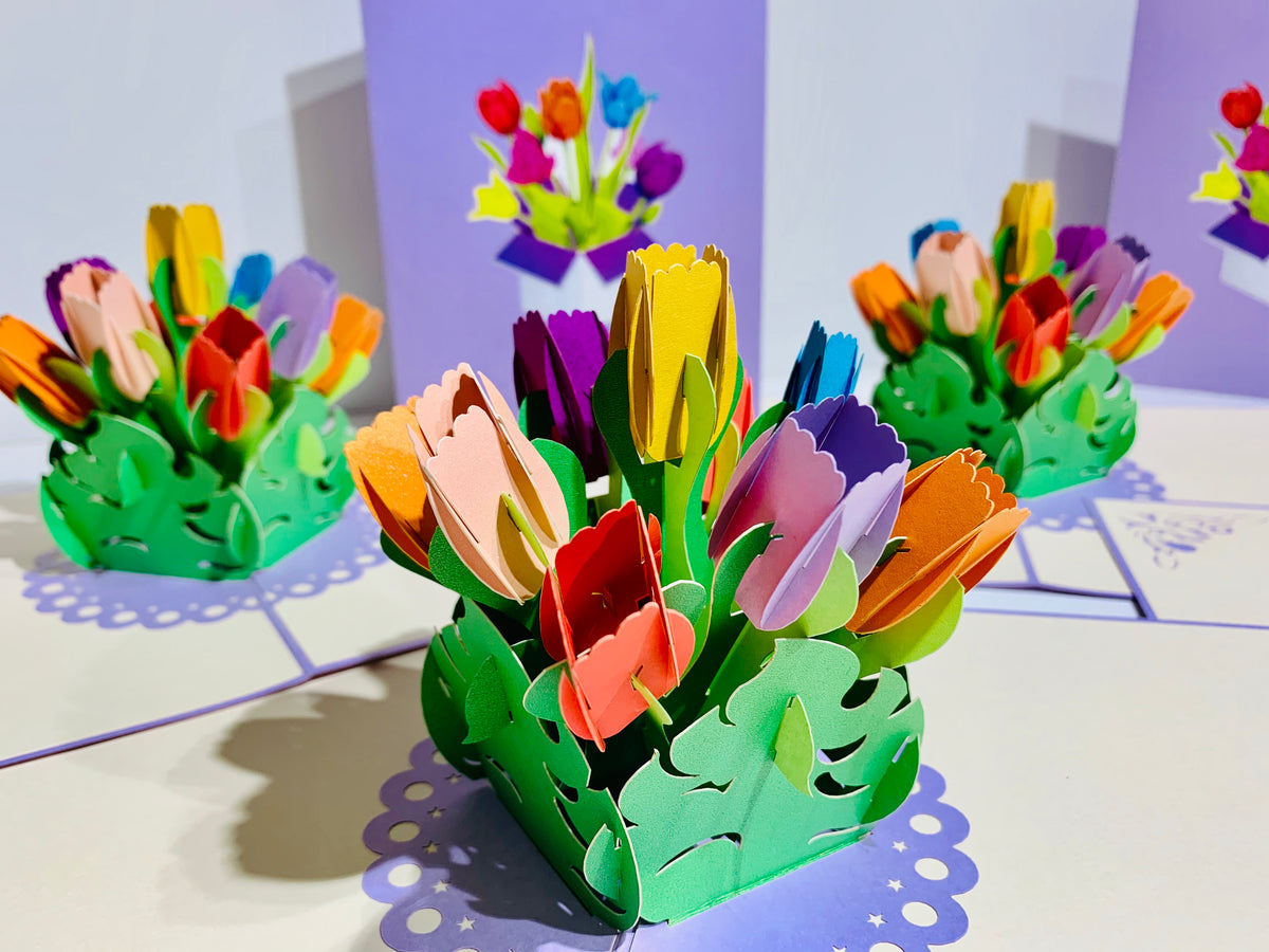 Colourful Tulips in a Sweet Posy Box - Origami Pop Cards 3D Pop Up Greeting Card Happy Birthday Thank You Handmade Gift Thinking of You Blank Card for Any Occasion Happy Mother's Day Australiana Celebrate the Beauty