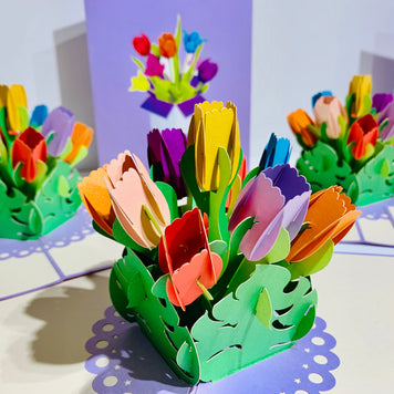 Colourful Tulips in a Sweet Posy Box - Origami Pop Cards 3D Pop Up Greeting Card Happy Birthday Thank You Handmade Gift Thinking of You Blank Card for Any Occasion Happy Mother's Day Australiana Celebrate the Beauty