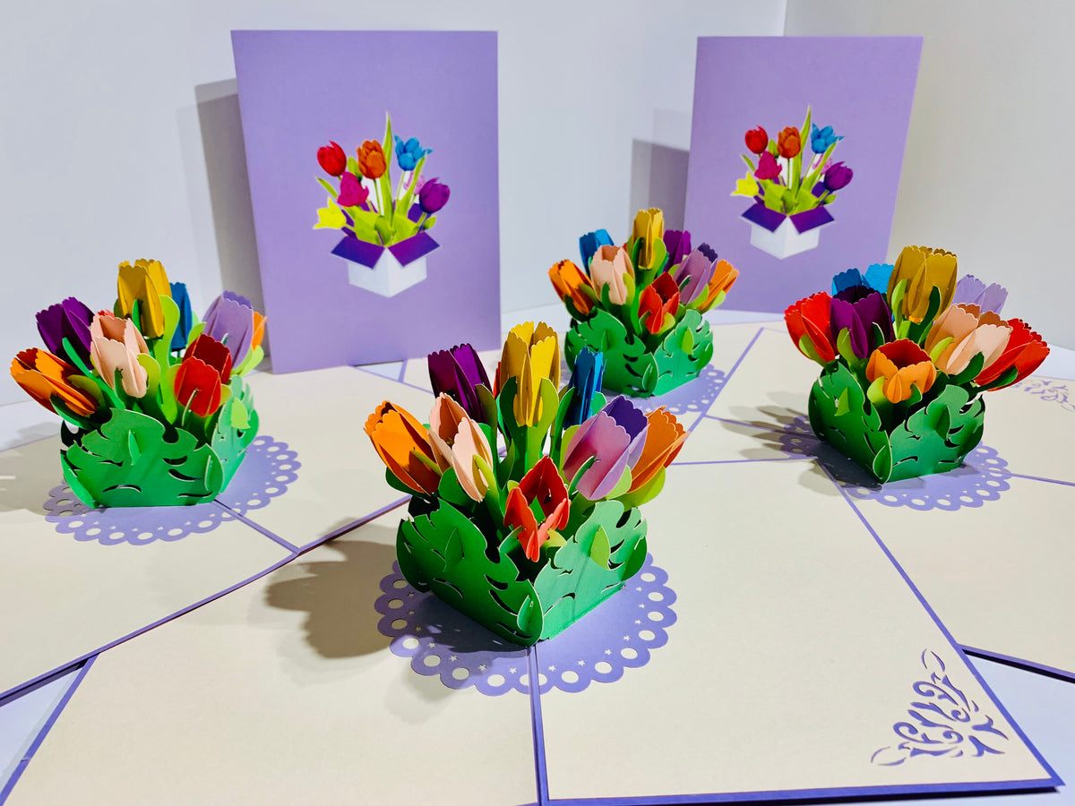Colourful Tulips in a Sweet Posy Box - Origami Pop Cards 3D Pop Up Greeting Card Happy Birthday Thank You Handmade Gift Thinking of You Blank Card for Any Occasion Happy Mother's Day Australiana Celebrate the Beauty