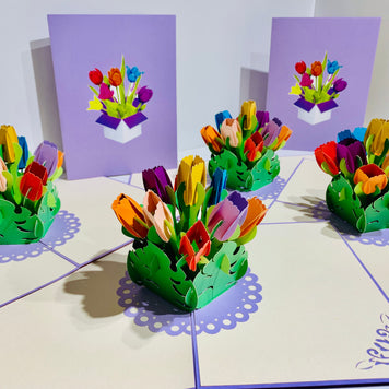 Colourful Tulips in a Sweet Posy Box - Origami Pop Cards 3D Pop Up Greeting Card Happy Birthday Thank You Handmade Gift Thinking of You Blank Card for Any Occasion Happy Mother's Day Australiana Celebrate the Beauty