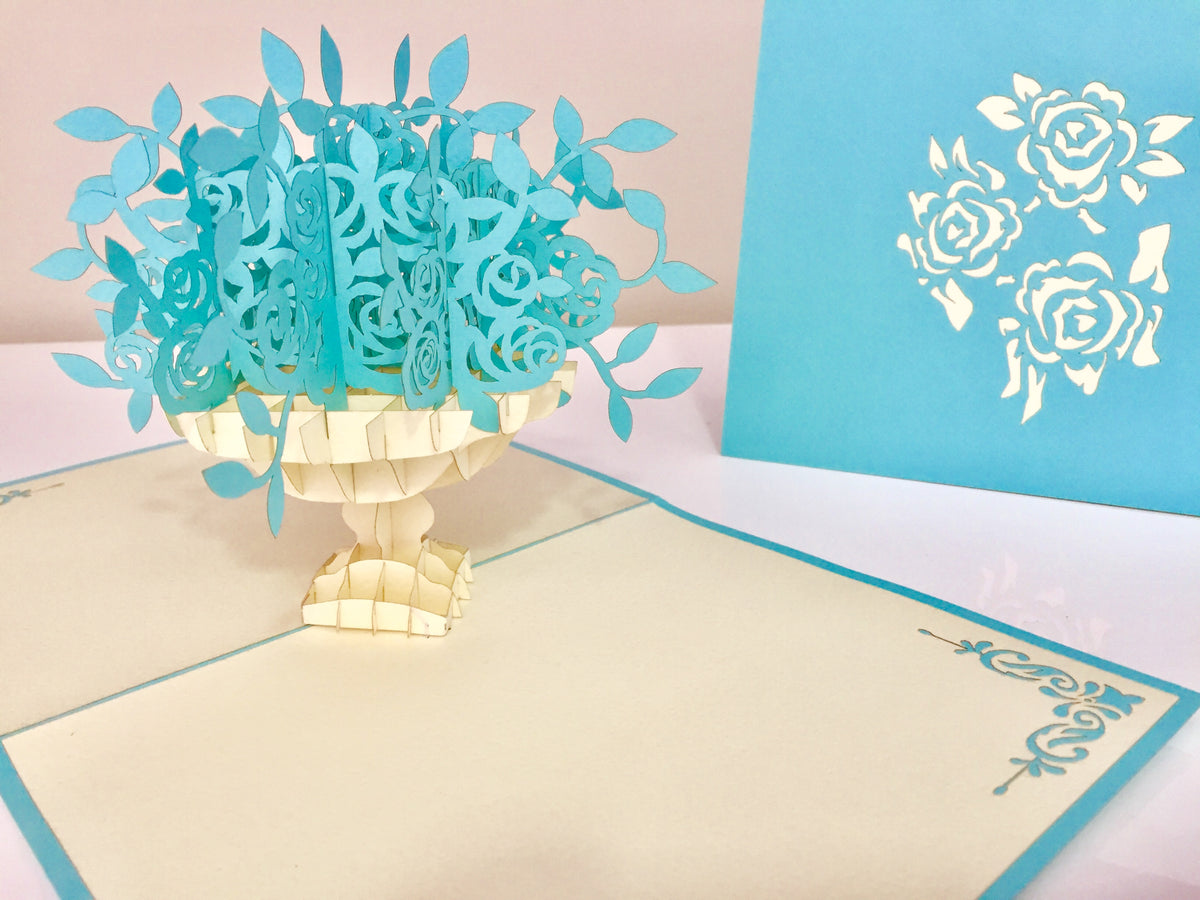 Turquoise Rose Bouquet - Origami Pop Cards 3D Pop Up Greeting Card Merry Christmas Thank You Handmade Best Wishes Blank Card Gift Happy Holidays Celebrate the Special Day Moment with Family and Friends
