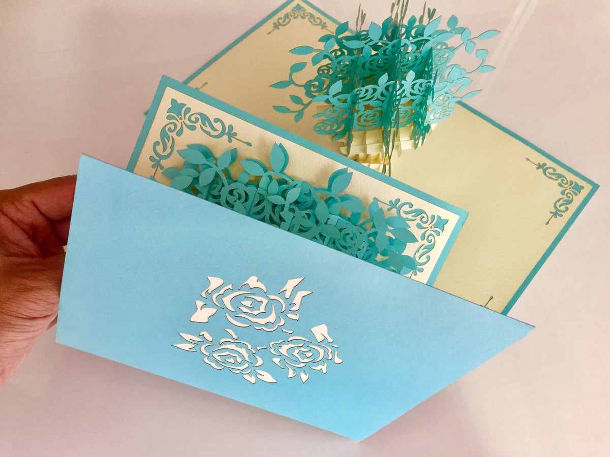 Turquoise Rose Bouquet - Origami Pop Cards 3D Pop Up Greeting Card Merry Christmas Thank You Handmade Best Wishes Blank Card Gift Happy Holidays Celebrate the Special Day Moment with Family and Friends