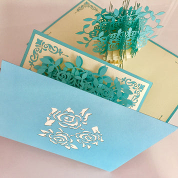 Turquoise Rose Bouquet - Origami Pop Cards 3D Pop Up Greeting Card Merry Christmas Thank You Handmade Best Wishes Blank Card Gift Happy Holidays Celebrate the Special Day Moment with Family and Friends