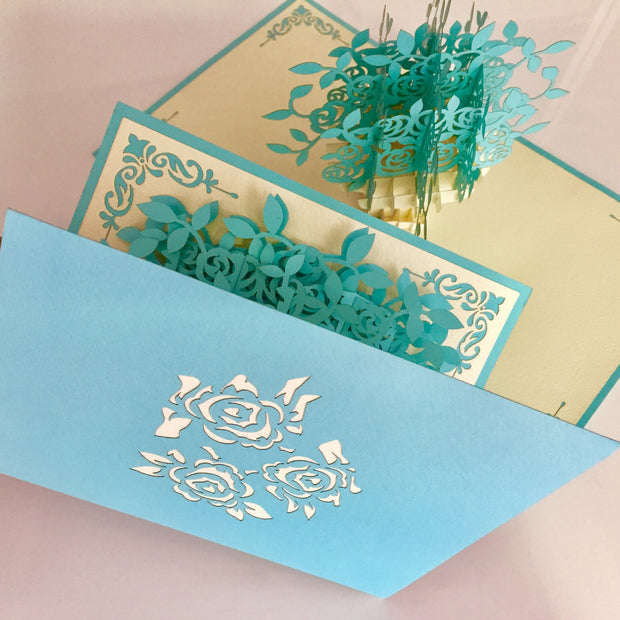 Turquoise Rose Bouquet - Origami Pop Cards 3D Pop Up Greeting Card Merry Christmas Thank You Handmade Best Wishes Blank Card Gift Happy Holidays Celebrate the Special Day Moment with Family and Friends