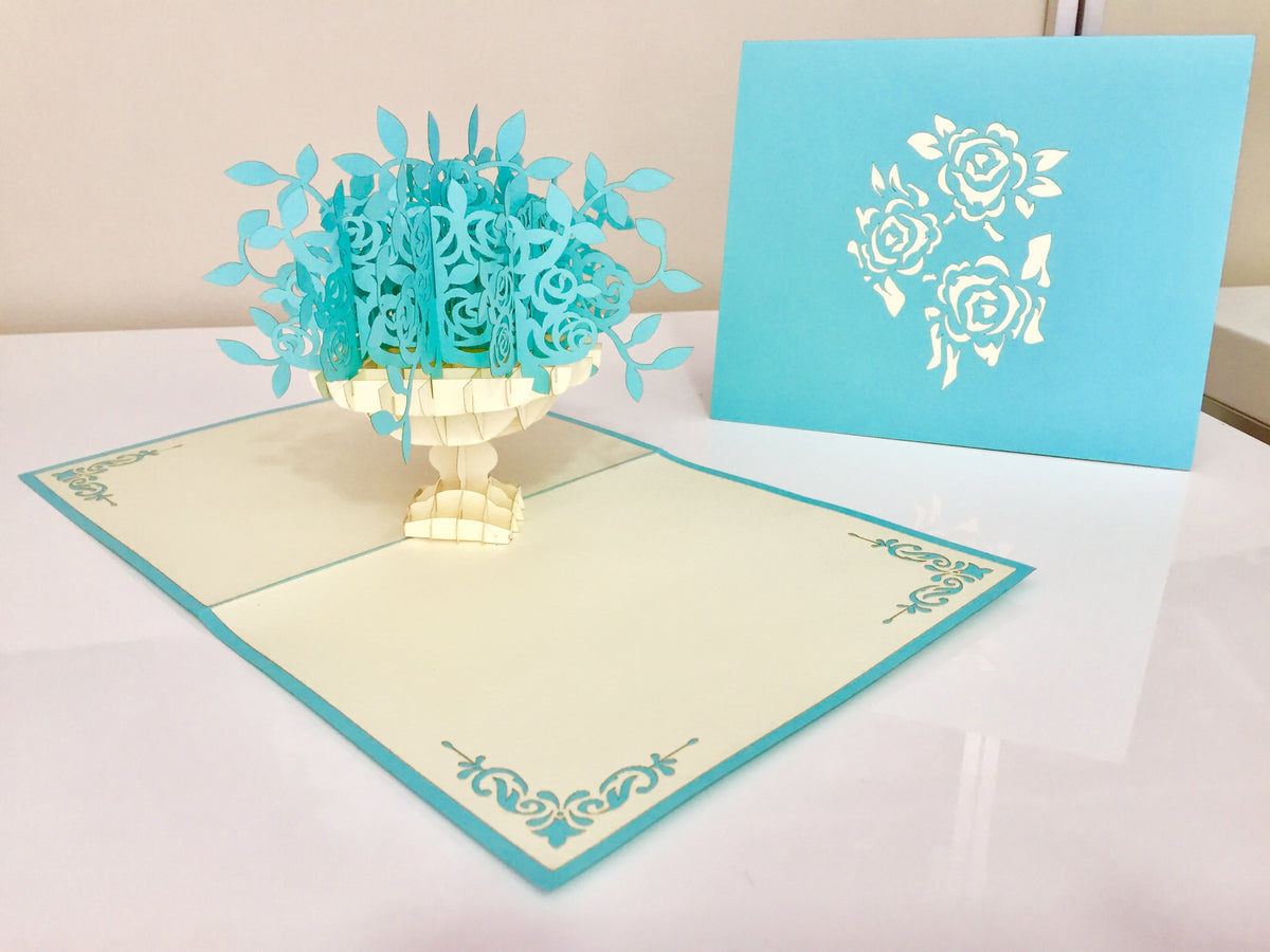 Turquoise Rose Bouquet - Origami Pop Cards 3D Pop Up Greeting Card Merry Christmas Thank You Handmade Best Wishes Blank Card Gift Happy Holidays Celebrate the Special Day Moment with Family and Friends