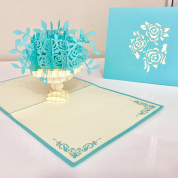Turquoise Rose Bouquet - Origami Pop Cards 3D Pop Up Greeting Card Merry Christmas Thank You Handmade Best Wishes Blank Card Gift Happy Holidays Celebrate the Special Day Moment with Family and Friends