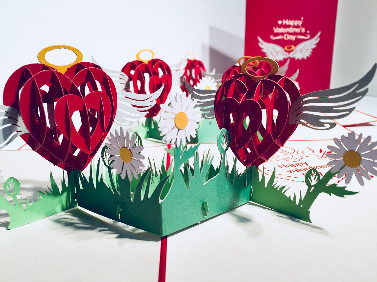 Two Red Pop Up Hearts with Wings 3D POP UP GREETING CARD - Created by Origami Pop Cards Australian Design & Handmade 3D Pop Up Magical Paper Cards, Handmade Pop Up Cards Happy Valentine's Day Celebrate Love Heart Fell and Romantic