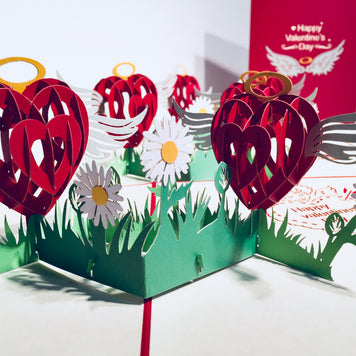 Two Red Pop Up Hearts with Wings 3D POP UP GREETING CARD - Created by Origami Pop Cards Australian Design & Handmade 3D Pop Up Magical Paper Cards, Handmade Pop Up Cards Happy Valentine's Day Celebrate Love Heart Fell and Romantic
