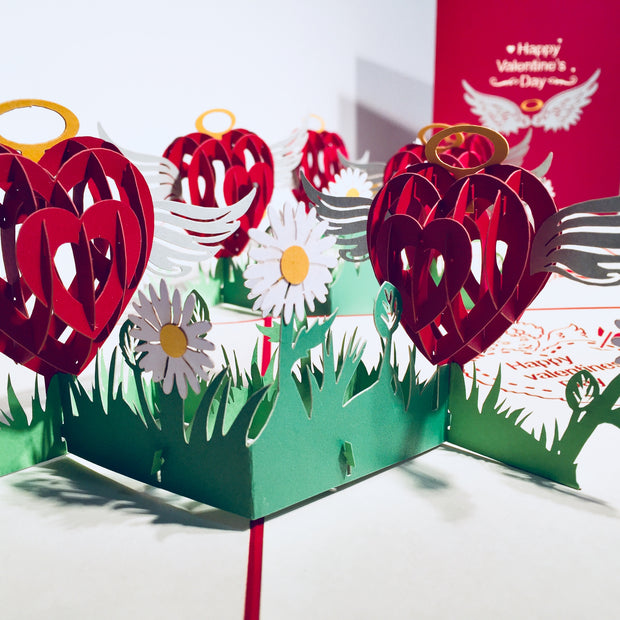 Two Red Pop Up Hearts with Wings 12x17cm 3D POP UP GREETING CARD - Created by Origami Pop Cards Australian Design & Handmade 3D Pop Up Magical Paper Cards, Handmade Pop Up Cards Happy Valentine's Day Celebrate Love Heart Fell and Romanti