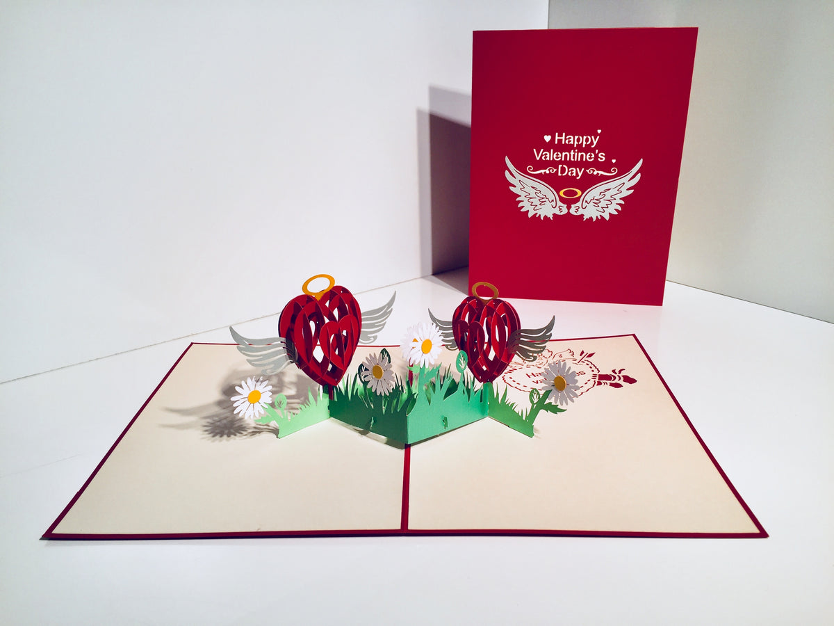 Two Red Pop Up Hearts with Wings 3D POP UP GREETING CARD - Created by Origami Pop Cards Australian Design & Handmade 3D Pop Up Magical Paper Cards, Handmade Pop Up Cards Happy Valentine's Day Celebrate Love Heart Fell and Romantic