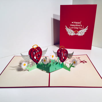 Two Red Pop Up Hearts with Wings 3D POP UP GREETING CARD - Created by Origami Pop Cards Australian Design & Handmade 3D Pop Up Magical Paper Cards, Handmade Pop Up Cards Happy Valentine's Day Celebrate Love Heart Fell and Romantic