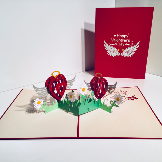 Two Red Pop Up Hearts with Wings 12x17cm 3D POP UP GREETING CARD - Created by Origami Pop Cards Australian Design & Handmade 3D Pop Up Magical Paper Cards, Handmade Pop Up Cards Happy Valentine's Day Celebrate Love Heart Fell and Romanti