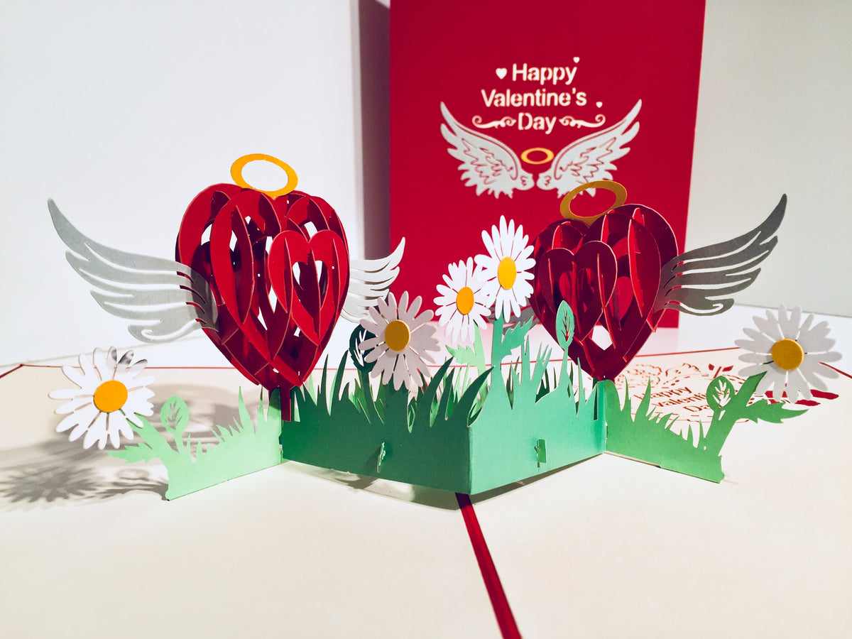 Two Red Pop Up Hearts with Wings 3D POP UP GREETING CARD - Created by Origami Pop Cards Australian Design & Handmade 3D Pop Up Magical Paper Cards, Handmade Pop Up Cards Happy Valentine's Day Celebrate Love Heart Fell and Romantic