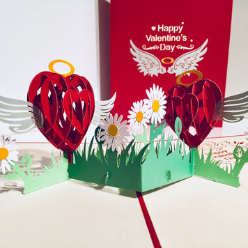 Two Red Pop Up Hearts with Wings 3D POP UP GREETING CARD - Created by Origami Pop Cards Australian Design & Handmade 3D Pop Up Magical Paper Cards, Handmade Pop Up Cards Happy Valentine's Day Celebrate Love Heart Fell and Romantic