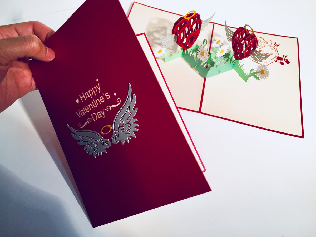 Two Red Pop Up Hearts with Wings 3D POP UP GREETING CARD - Created by Origami Pop Cards Australian Design & Handmade 3D Pop Up Magical Paper Cards, Handmade Pop Up Cards Happy Valentine's Day Celebrate Love Heart Fell and Romantic