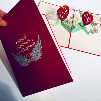 Two Red Pop Up Hearts with Wings 3D POP UP GREETING CARD - Created by Origami Pop Cards Australian Design & Handmade 3D Pop Up Magical Paper Cards, Handmade Pop Up Cards Happy Valentine's Day Celebrate Love Heart Fell and Romantic