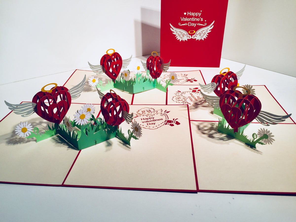 Two Red Pop Up Hearts with Wings 3D POP UP GREETING CARD - Created by Origami Pop Cards Australian Design & Handmade 3D Pop Up Magical Paper Cards, Handmade Pop Up Cards Happy Valentine's Day Celebrate Love Heart Fell and Romantic