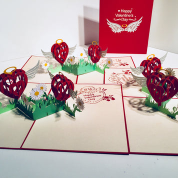 Two Red Pop Up Hearts with Wings 3D POP UP GREETING CARD - Created by Origami Pop Cards Australian Design & Handmade 3D Pop Up Magical Paper Cards, Handmade Pop Up Cards Happy Valentine's Day Celebrate Love Heart Fell and Romantic