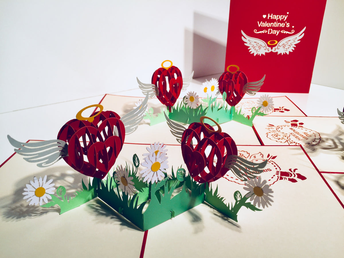 Two Red Pop Up Hearts with Wings 3D POP UP GREETING CARD - Created by Origami Pop Cards Australian Design & Handmade 3D Pop Up Magical Paper Cards, Handmade Pop Up Cards Happy Valentine's Day Celebrate Love Heart Fell and Romantic